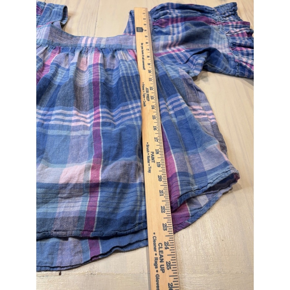 Beach Lunch Lounge Blue Purple Plaid Linen Cotton Square Neck Ruffle Top Large - Picture 9 of 13